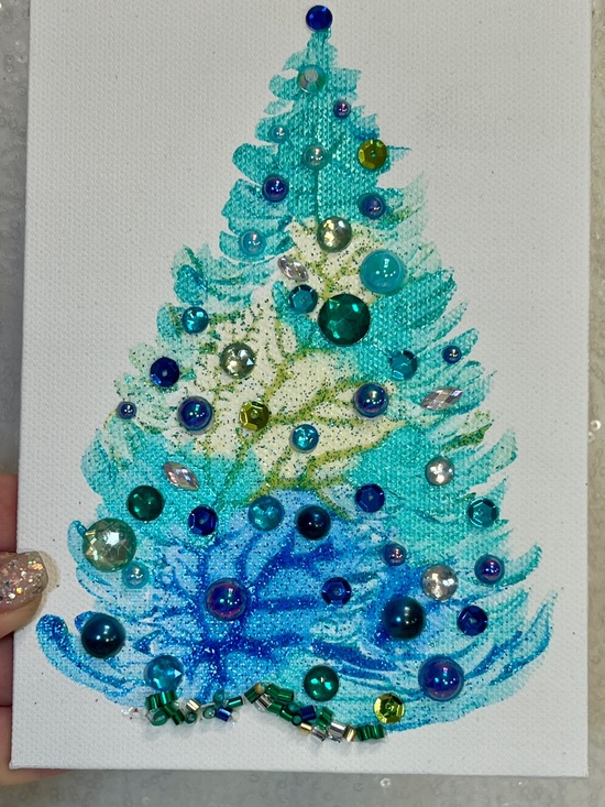 Handmade Other - Handmade Teal and Blue Bejeweled Christmas Tree Canvas 5x7 inch